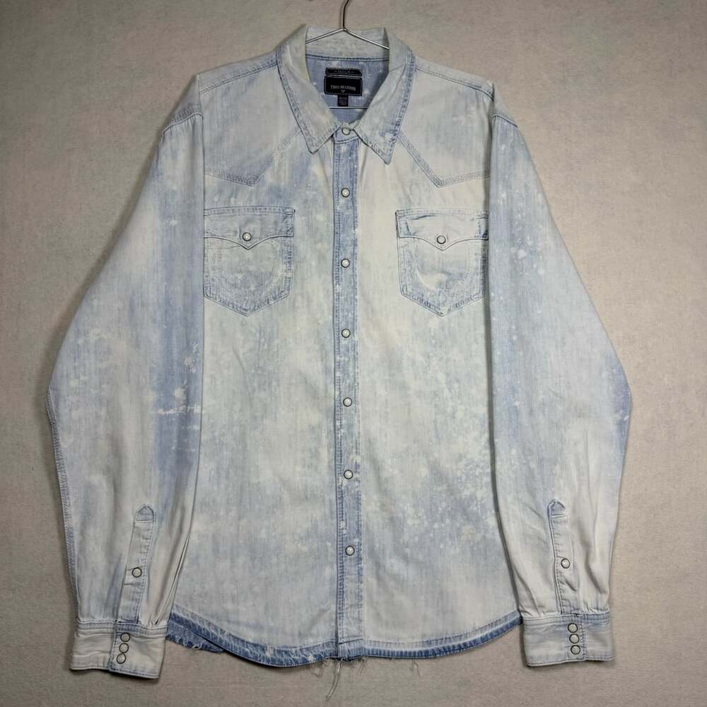 True Religion Shirt Mens 3XL Bleached Western Denim Blue Snap Front